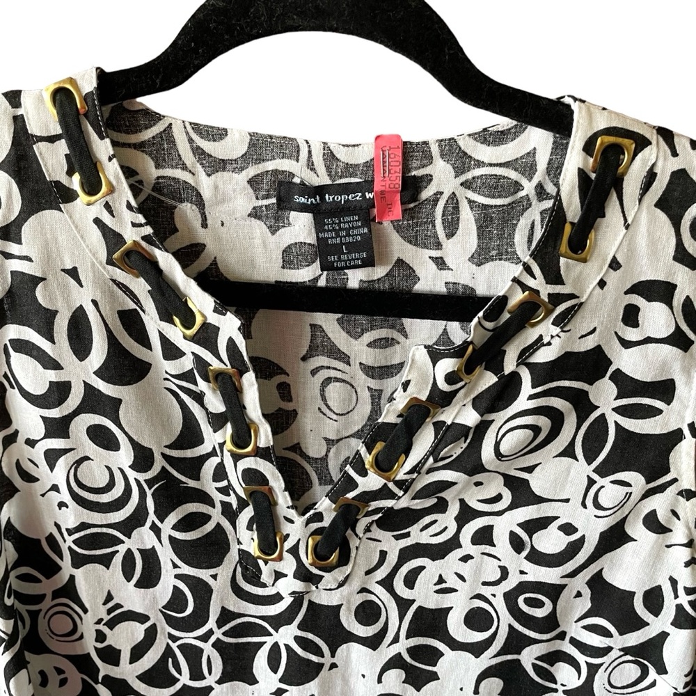St TROPEZ West ~Women’s Linen Blend Tank Top Black and White Print Size Large - Picture 5 of 7